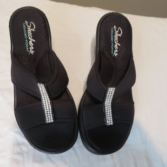 Skechers Rhinestones Black Wedge Sandals - Picture 1 of 5